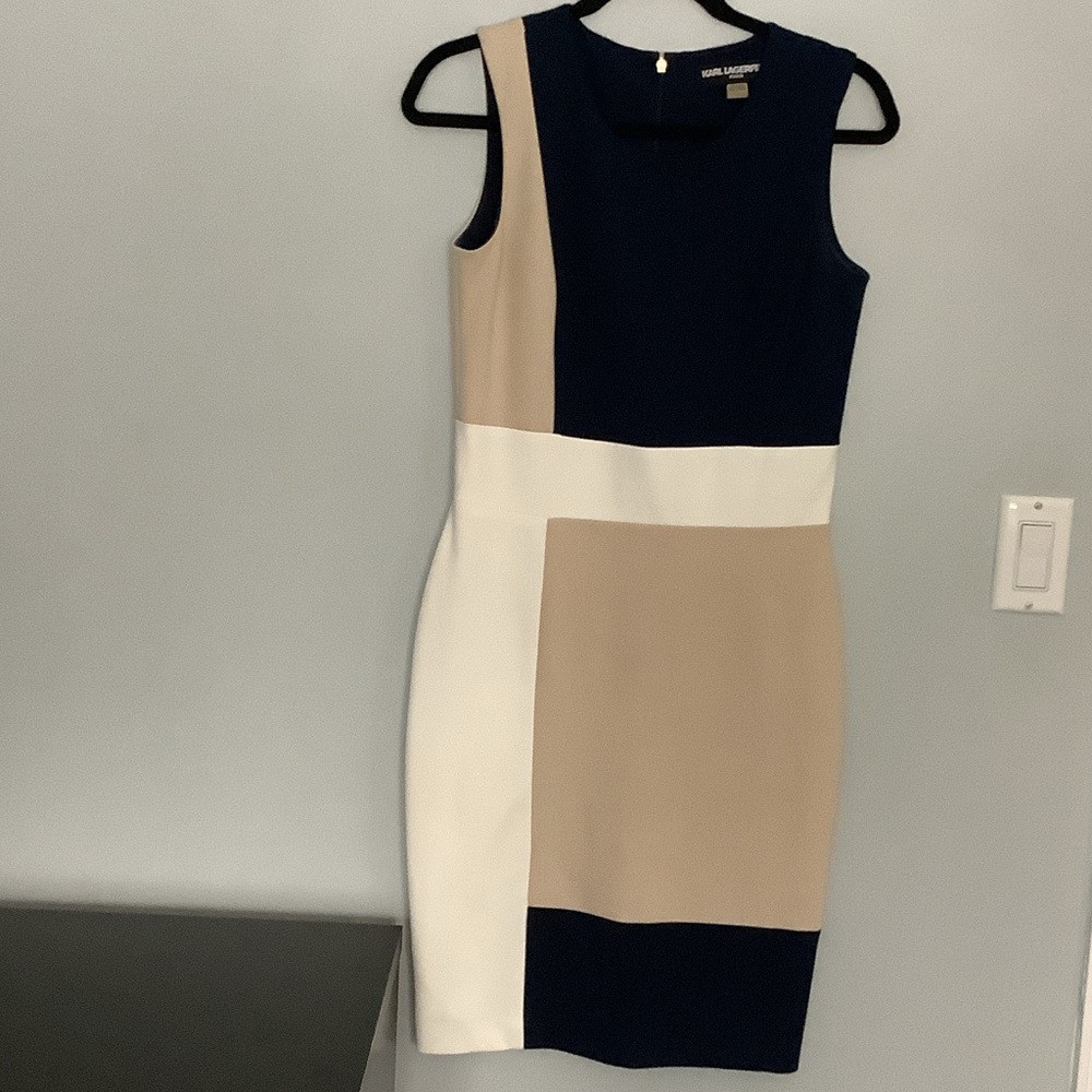 Karl Lagerfeld Navy and Beige Colorblock Midi Dress
